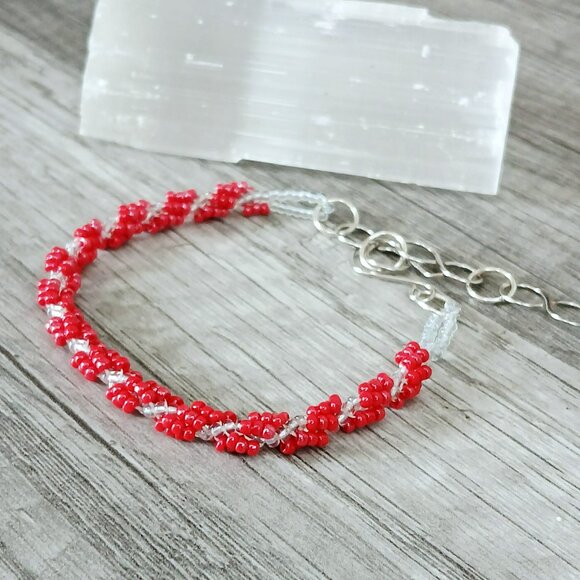 Red beaded spiral rope bracelet, adjustable 7 - 9" - Picture 2 of 4